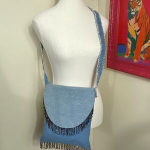 Handmade Denim Beaded Fringe Crossbody Bag